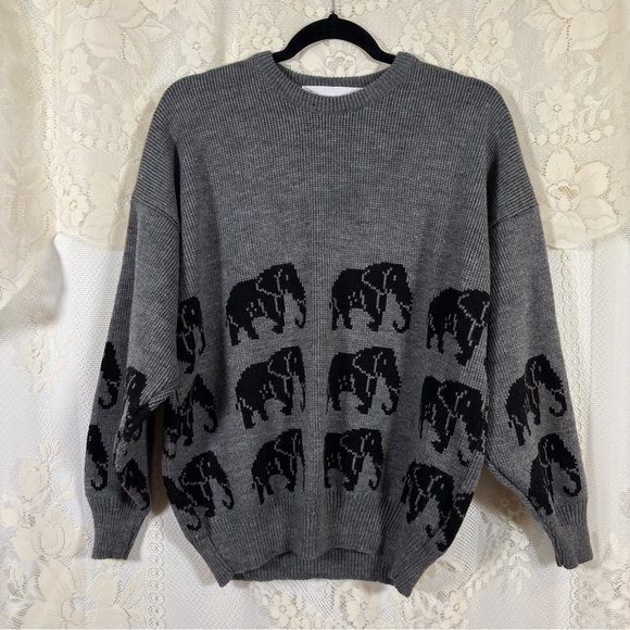 Vintage Elephant Pattern Knit Sweater Pullover Black Grey Size Medium Large - Picture 2 of 7
